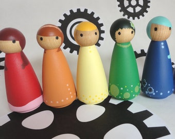 Wood peg doll set of 6 large rainbow dolls - Hand painted, all natural toy