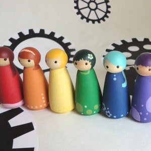 Wood peg doll set of 6 little rainbow dolls - Hand painted, all natural toy