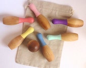 Unicorn fluff colored all wood toy bowling set, children 39 s game - 6 pins, 1 ball, and bag - classic colors - all natural