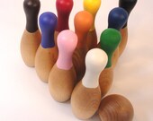 Wood toy bowling set, childrens game - 10 pins, 2 balls, and bag - classic colors - all natural