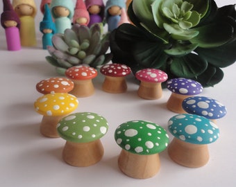 Waldorf rainbow mushrooms play set, Wooden toys, montessori toy, waldorf toy, rainbow mushrooms