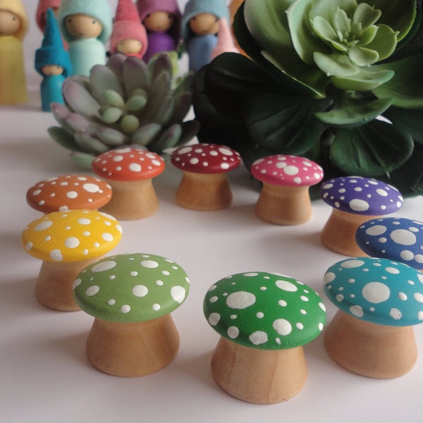 Waldorf rainbow mushrooms play set, Wooden toys, montessori toy, waldorf toy, rainbow mushrooms