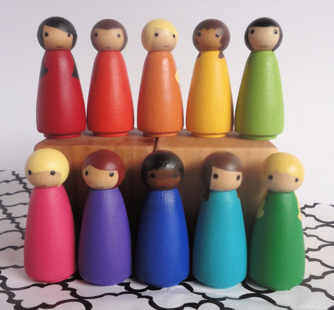 Montessori Wood Painted Peg Doll Set of 10 Rainbow Peg Dolls