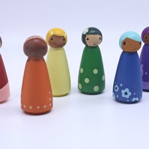 Wood peg doll set of 6 little rainbow dolls Hand painted, all natural toy image 6