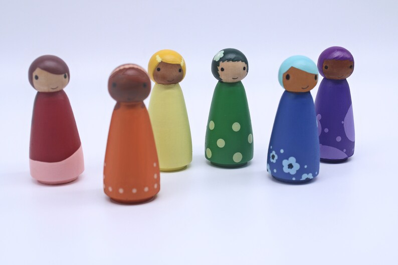 Wood peg doll set of 6 little rainbow dolls Hand painted, all natural toy image 6