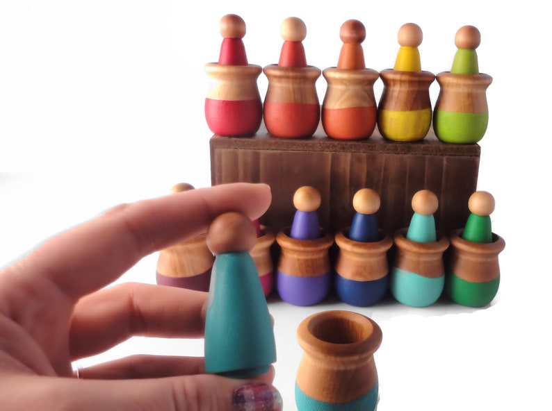 Loose parts play, Rainbow peg dolls, multicultural peg people image 7