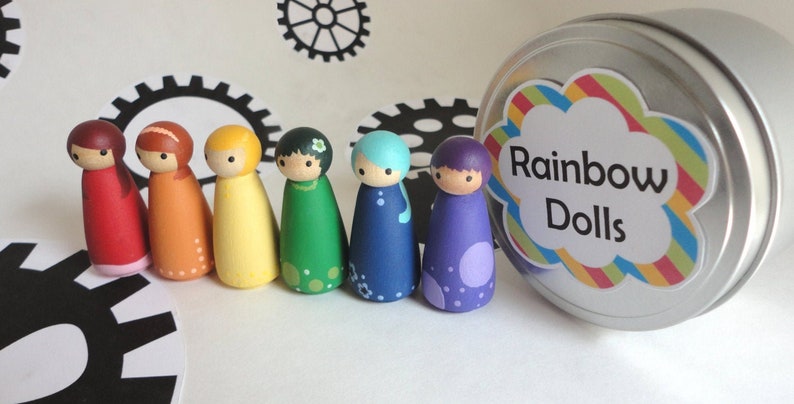 Wood peg doll set of 6 little rainbow dolls Hand painted, all natural toy image 1