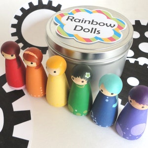 Wood peg doll set of 6 little rainbow dolls Hand painted, all natural toy image 4