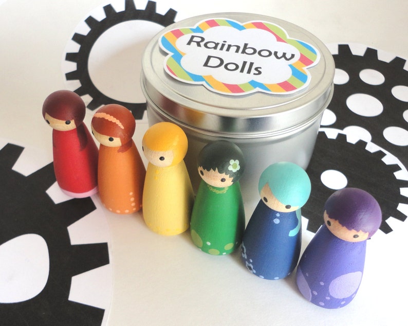 Wood peg doll set of 6 little rainbow dolls Hand painted, all natural toy image 4