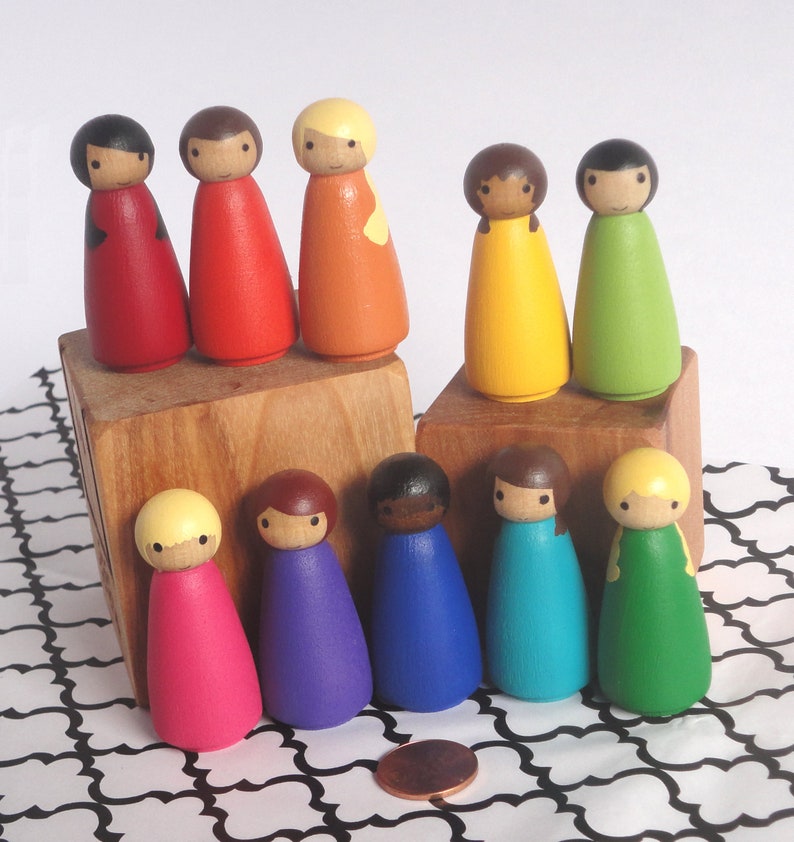 Montessori wood painted peg doll set of 10 rainbow peg dolls Etsy