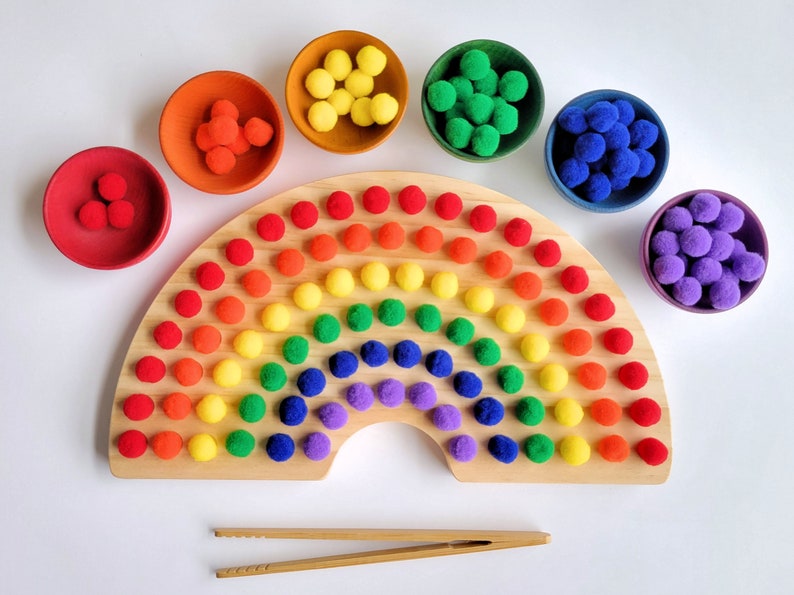 Montessori color sorting rainbow board Montessori wood toys Montessori materials occupational therapy fine motor skills image 1