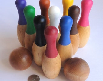 Toy bowling set, kids bowling set, wood bowling set, 10 pins, 2 balls, and bag - classic colors - all natural