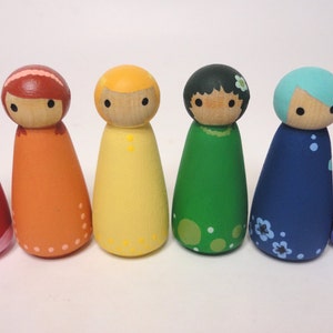 Wood peg doll set of 6 little rainbow dolls Hand painted, all natural toy image 2