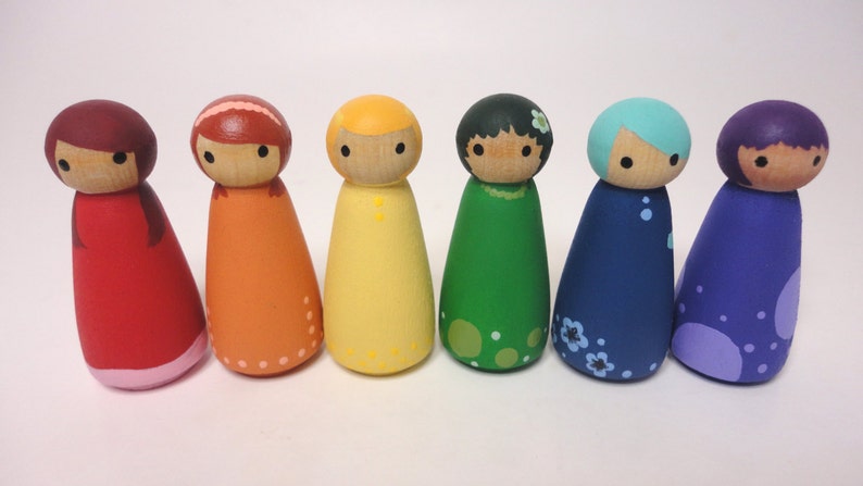 Wood peg doll set of 6 little rainbow dolls Hand painted, all natural toy image 2