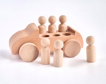 Toy car, peg people car, wood toy car, peg people bus, unfinished wood craft, kids craft, wood craft DIY wood craft, Montessori toy wood toy