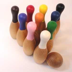 Wood toy bowling set, childrens game - 10 pins, 2 balls, and bag - classic colors - all natural