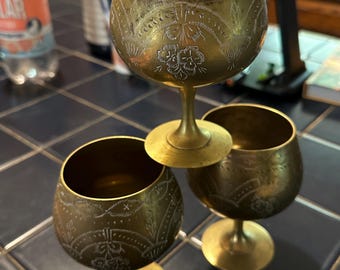 Vintage Etched Indian Brass Cognac Goblets-set of 3