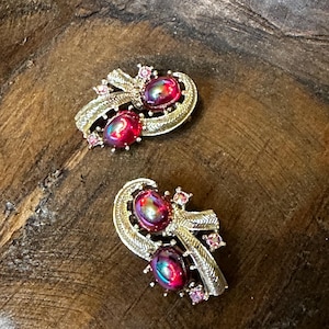 Vintage Coro Red Aurora Borealis Goldtone Clip Earrings