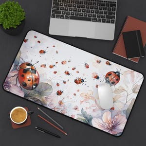 Ladybug Desk Mat | Colorful Floral Office Decor | Gift for Nature Lovers, Home Office Essentials, Office Decoration, Work From
