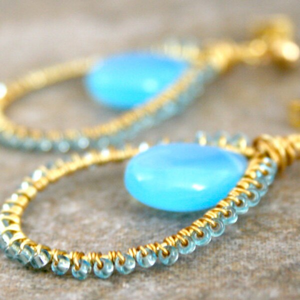 Elegant Glamorous Gold & Pale Blue Wire Wrapped Earrings