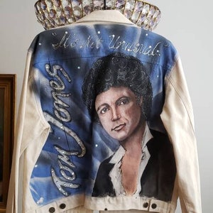 Vintage 80s denim statement jean jacket airbrushed Tom Jones hand painted rhinestones kitchy Tony Alamo