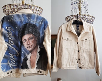 Vintage 80s denim statement jean jacket airbrushed Tom Jones hand painted rhinestones kitchy OOAK