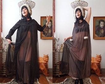 Vintage 60s black lingerie set Radcliffe nightgown robe penoir nylon lace negligee loungewear