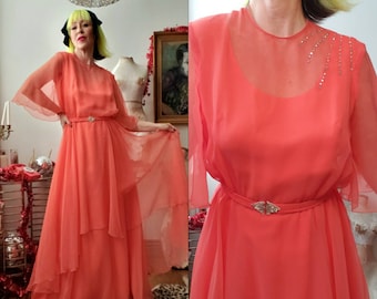 Vintage 70s does 30s peach poly chiffon maxi dress gown rhinestones accents and jeweled belt