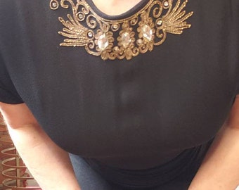Vintage 1940s 40s black crepe dress gold embroidered jeweled RHINESTONE collar cap sleeves peplum