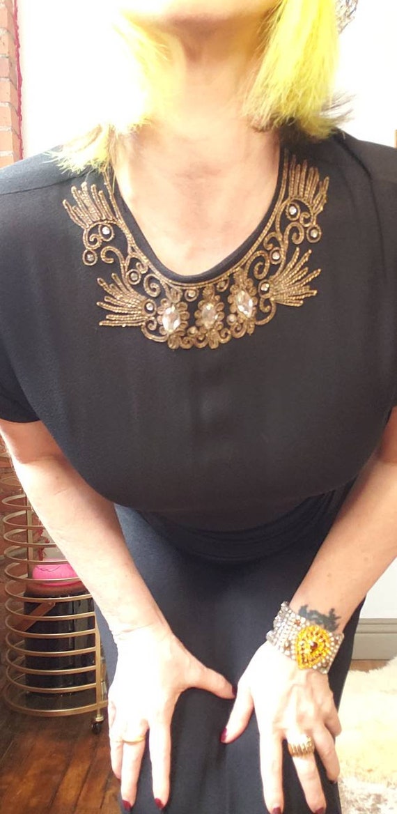 vintage 40s black crepe dress gold embroidered je… - image 6