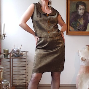 Vintage 1960s 60s Mod two piece set skirt crop top suit metallic copper bronze black textured