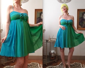 vintage 90s 2000s Betsey Johnson silk babydoll dress blue green bows Spring Summer party wedding