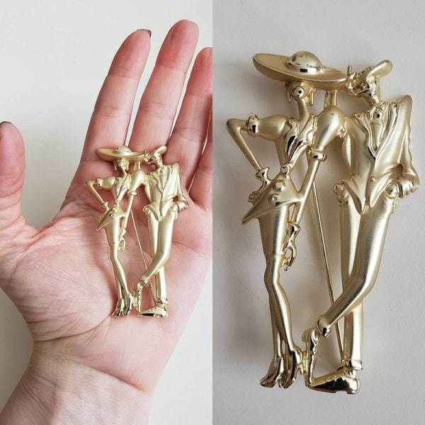 vintage 80s deco revival brooch stylish couple matte and shiny gold tone