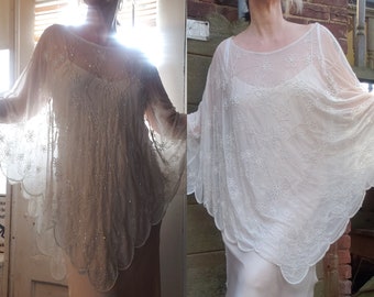 Vintage 90s cream white beaded sheer mesh shawl poncho cover up NWT Papell Boutique Evening bridal