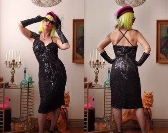 vintage 80s does 40s dress black sequined beaded cocktail party Old Hollywood glam