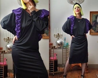 vintage 70s 80s CLIMAX by David Howard dress black purple dolman sleeves punk goth glam witchy