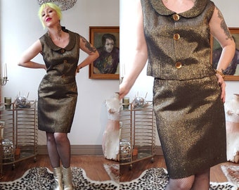 Vintage 1960s 60s Mod two piece skirt  crop top set suit metallic copper bronze black