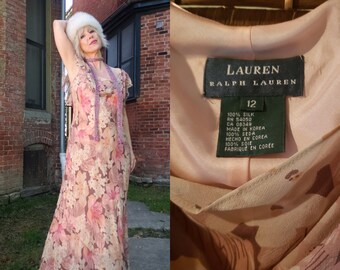 vintage 90s 2000s Ralph Lauren silk bias cut floral dress gown flutter sleeves muted floral