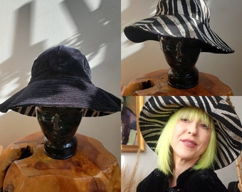 vintage 60s 70s floppy bucket hat black velvet and zebra reversable