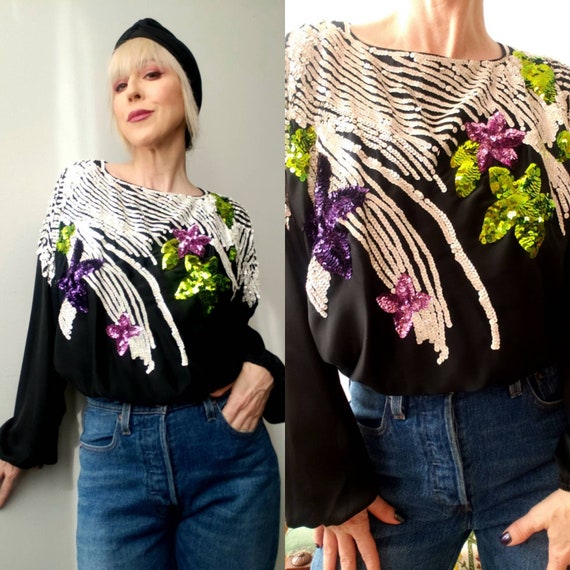vintage 70s sequined cropped blouse top colorful … - image 1