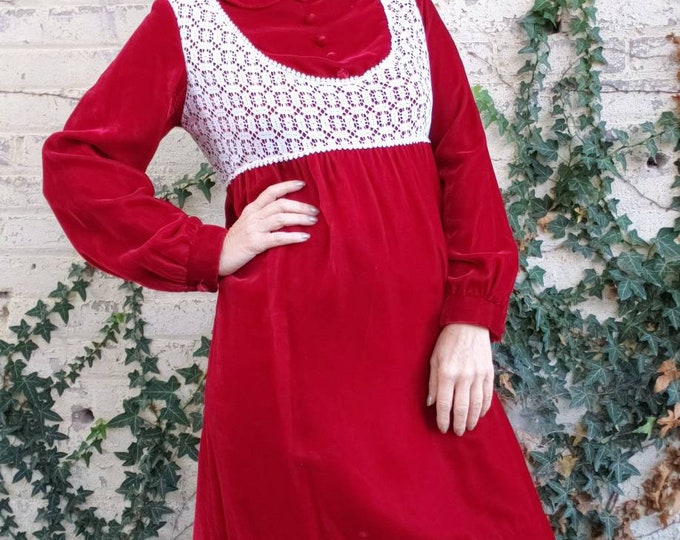 Vintage 60s 70s Red Velvet Babydoll Dress Mod White Lace Peter Etsy