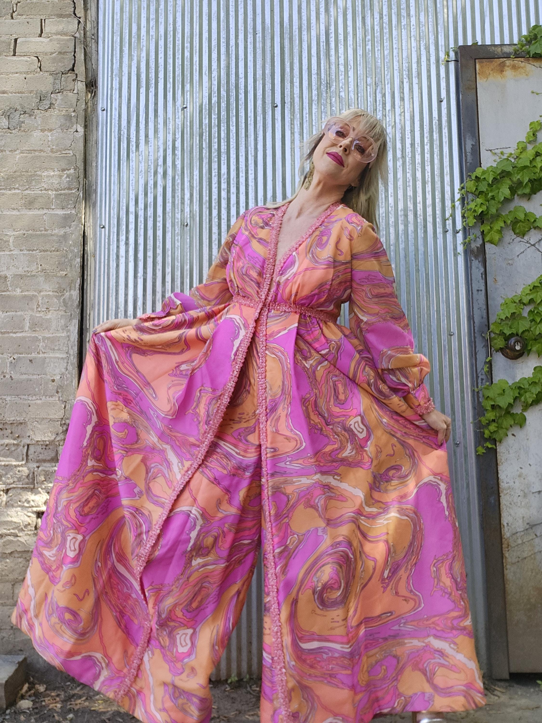 Vintage 60s 70s Mod exra wide leg palazzo pants jumpsuit psychedelic swirl print pink orange sparkle tinsel trim