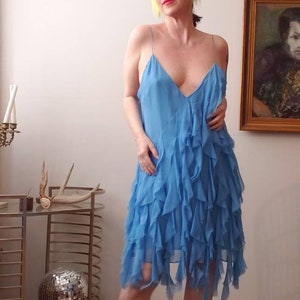 Vintage Early Aughts 2000 Y2K Silk Sky Blue Dress Elizabeth and James  Ruffled Fringe Wedding Guest Prom Garden Party