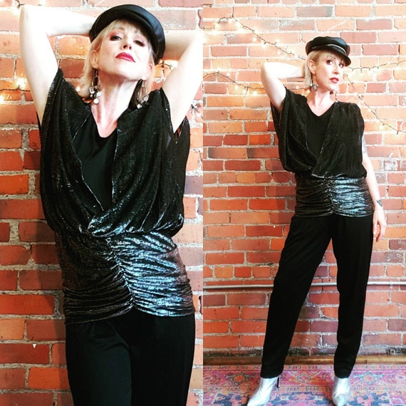 vintage 70s 80s black jumpsuit silver lurex metall