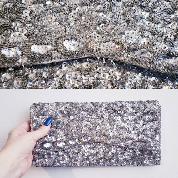 vintage 50s 60s silver beaded sequined clutch even