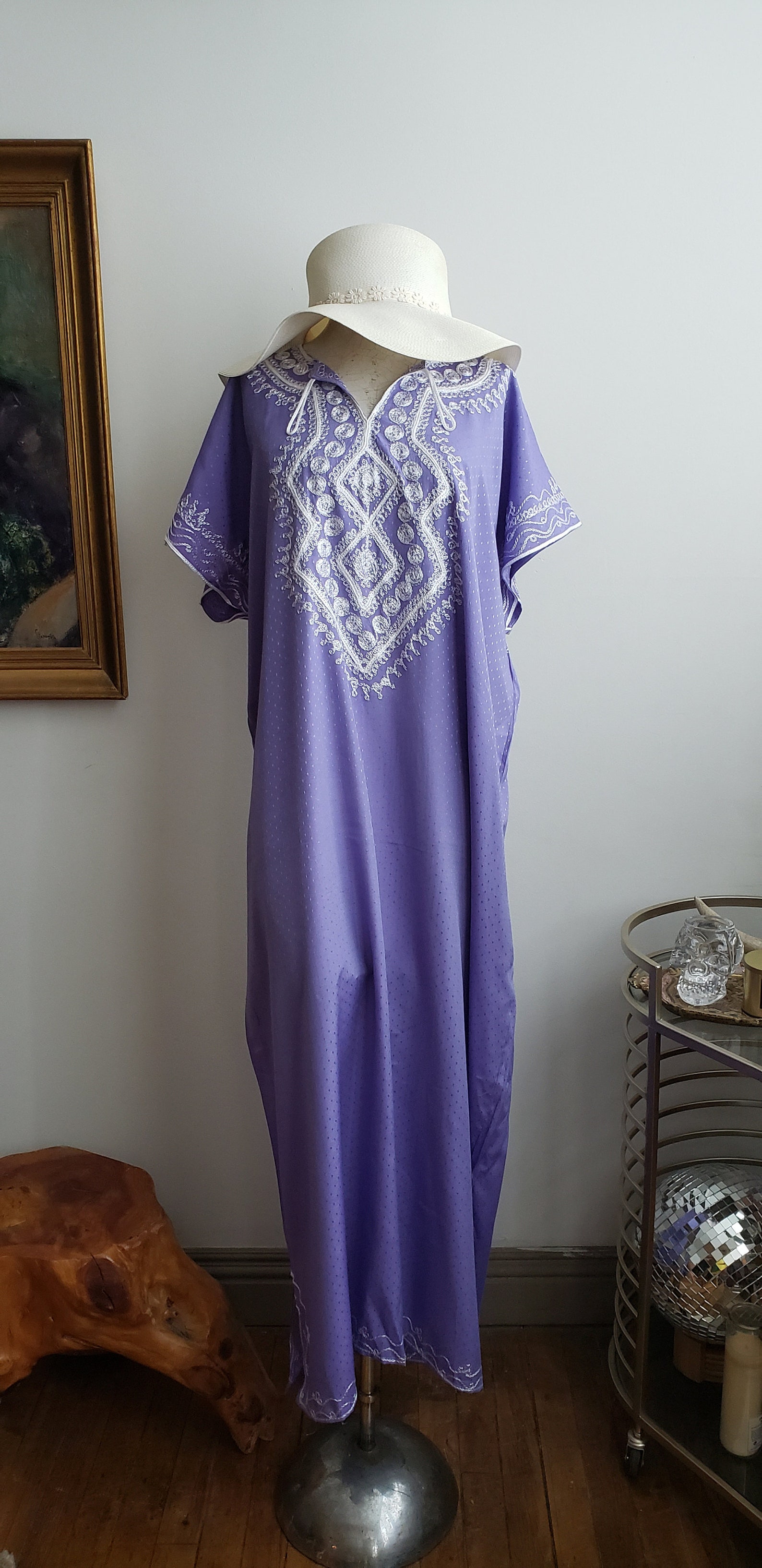 Vintage 70s Lavender Embroidered Kaftan Caftan Dashiki Dress Loungewear ...