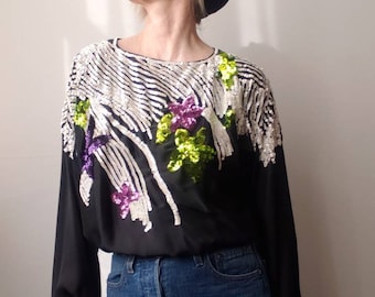 vintage 70s sequined cropped blouse top colorful floral blouson sleeves