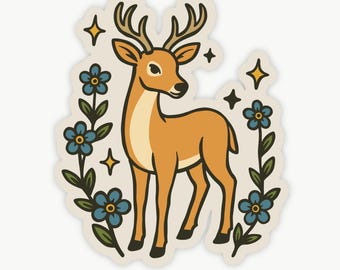 Floral Deer Sticker, Woodland Animal Vinyl Sticker for Laptop, Water Bottle & Journals