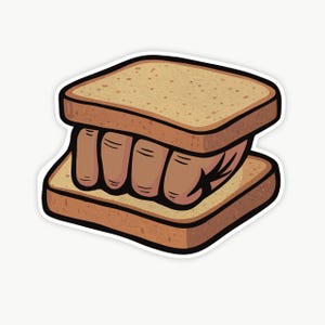 May include: A sticker illustration of a sandwich featuring two slices of light brown, speckled bread with a tan, fleshy-colored human fist clenched tightly between them, outlined in a thick black border against a plain white background.