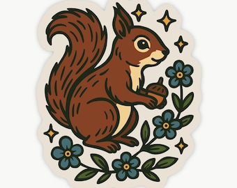 Floral Squirrel Sticker, Woodland Animal Vinyl Sticker for Laptop, Water Bottle & Journals